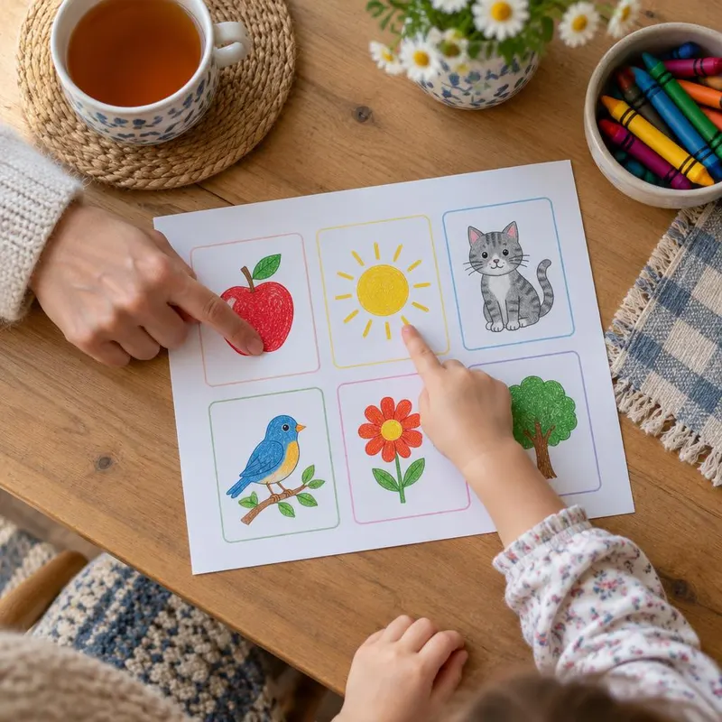 Mama i dziecko wskazują obrazki na karcie